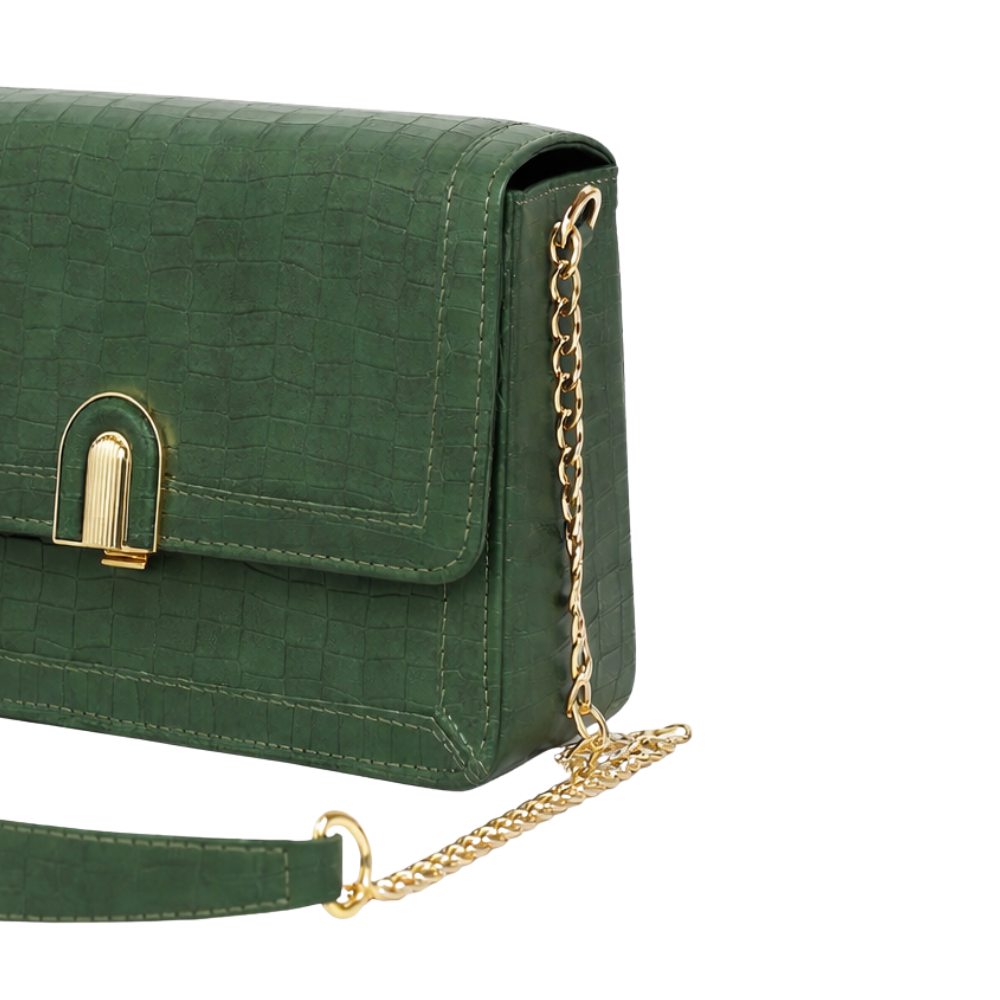Green Textured Rexine Handbag with Chain Strap