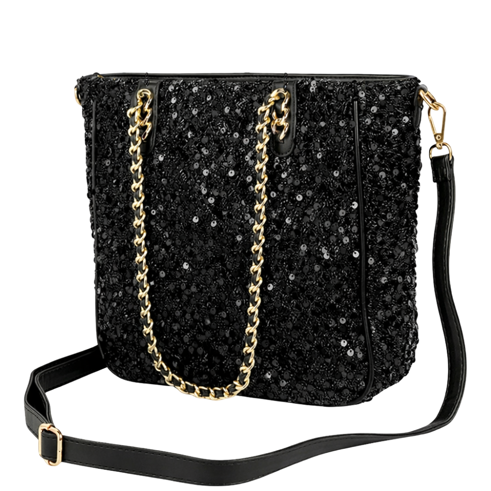 Sequin Tote Bag with Zip Fastening in Black