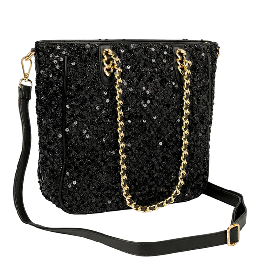 Sequin Tote Bag with Zip Fastening in Black